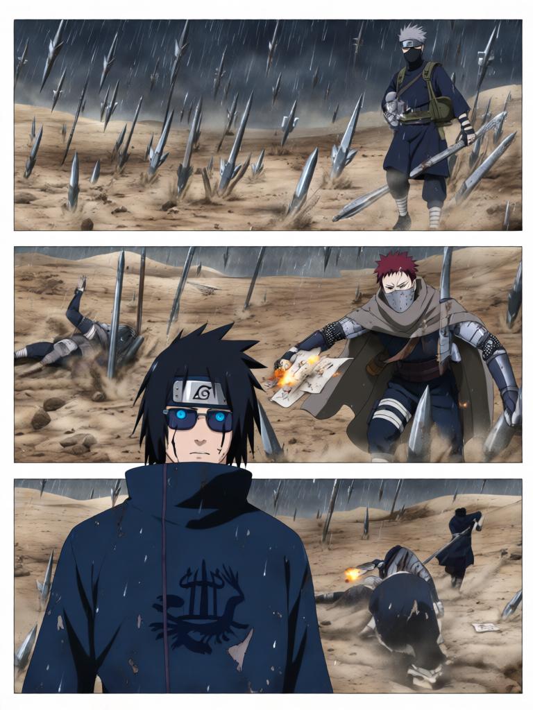 第5章:铁砂之舞与断线的假面
日向镜用轮转如意试图吸来赤砂之蝎，本以为能以此扭转劣势，结果吸来的竟是三代风影的人傀儡，查克拉线被扯断。傀儡自爆与漫天铁砂令沙场大乱，赤砂之蝎借机施展更多机关，局势危急。危急时刻，大蛇丸现身打断战局，蝎趁乱撤退，日向镜在硝烟中守住了三代风影的秘密，但新的威胁与谜题浮现。 - 图片5