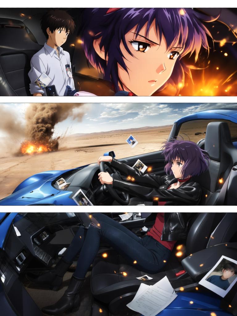 第3章:碎片与救赎的天使圈
空对地导弹射向使徒，却被看不见的屏障挡在前方，使徒反击，战机残骸四散。飞来的碎片朝街头冲来，紫发女子驾车及时横挡救下少年并带他逃离。途中国防部投放的N2地雷引发巨大爆炸，少年被冲击击晕，紫发女子焦急呼喊。 - 图片9