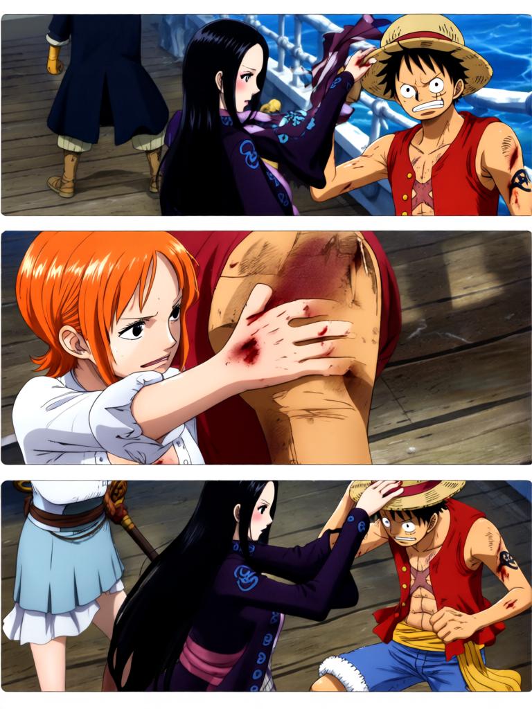 第17章:刀尖与影子：终焉前的搏斗
时间凝固，舵影扯向路飞，娜美与罗宾为了草帽与他的生命拼尽全力。面具人举刀欲献祭，幽蓝符文与甲板上的空气撕裂。就在刀尖将落下时，一个意想不到的影子掠过，打断了瞬间，也将战局推向更深的未知。 - 图片15