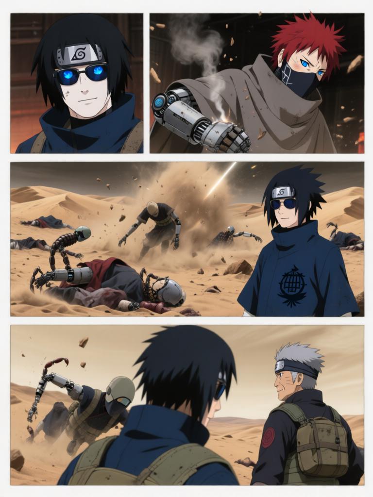 第4章:戈壁剧场：赤砂之蝎的邀约
日向镜与三井中一来到空旷接头点，远处一名裹斗篷的陌生人旁躺着几具砂忍尸体。陌生人揭下面罩，自称赤砂之蝎，现场氛围骤然恶化，沙堆中隐藏的傀儡悄然蠢动。战斗一触即发，日向镜凭借转生眼与轮转如意暂时应对，但埋伏远比想象更深，剧情以巨响与危机为结尾。 - 图片17