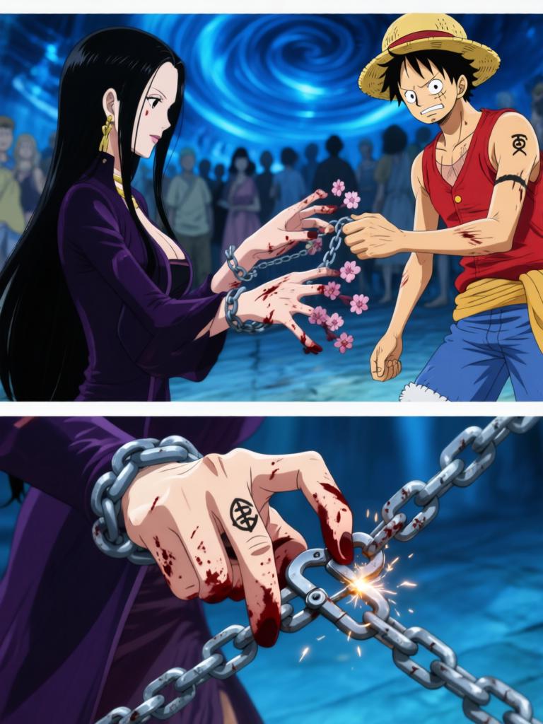 第7章:舵影之下的承诺
幽蓝符文从舵影爬下，甲板在力量下濒临撕裂，路飞被符文与锁链束缚。娜美与罗宾同时扑上，争夺草帽与救援路飞，三人间在危机中迸发出复杂的情感与决心。面具下的陌生熟面现身，宣告“D”的继承者将被揭晓，故事在刀刃和手指即将触碰的一刻定格，下一秒将改变一切。 - 图片12