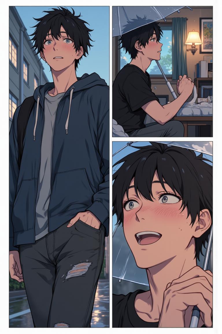 第3章:After the Rain, New Beginnings
Luo Ye shelters Su Baizhou from a sudden downpour by giving her his jacket; he watches her walk away and is struck by regret and fascination. He returns to the dorm and meets his new roommates — the friendly hometown guy Li Haoyang, the impossibly handsome Shen Qiao, and the goofy but warm Wang Dachui — and they bond over small talk and preparations for the upcoming military training. The brief rain encounter lingers in Luo Ye's thoughts as he steps into campus life with new companions. - 图片4