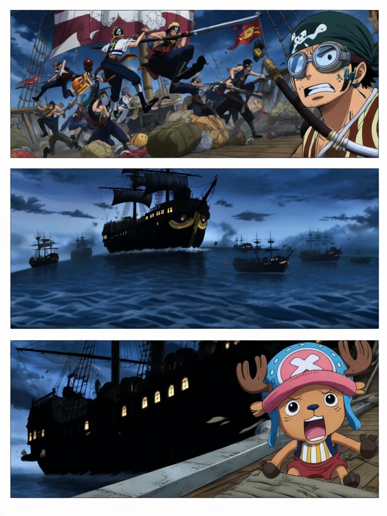 第4章:夕阳下的撕扯——草帽、誓言与引路的罗盘
千阳号被黑色舰队撞击，路飞被抛起并失去行动能力；娜美与罗宾并肩拆除抑制装置，两人因抢救草帽与路飞发生激烈拉扯；旗舰将三人吞入舱口，草帽留在甲板上，海心罗盘指向更远的谜题，娜美与罗宾立誓要把他们带回。 - 图片15