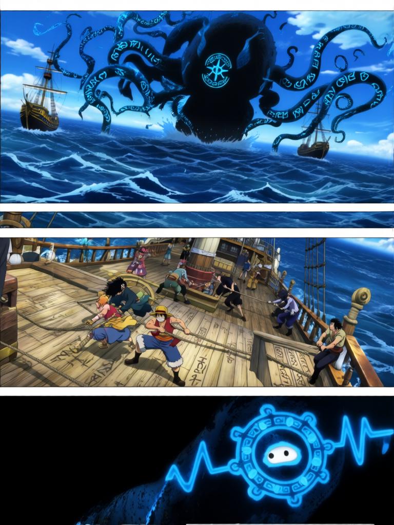 第17章:刀尖与影子：终焉前的搏斗
时间凝固，舵影扯向路飞，娜美与罗宾为了草帽与他的生命拼尽全力。面具人举刀欲献祭，幽蓝符文与甲板上的空气撕裂。就在刀尖将落下时，一个意想不到的影子掠过，打断了瞬间，也将战局推向更深的未知。 - 图片13