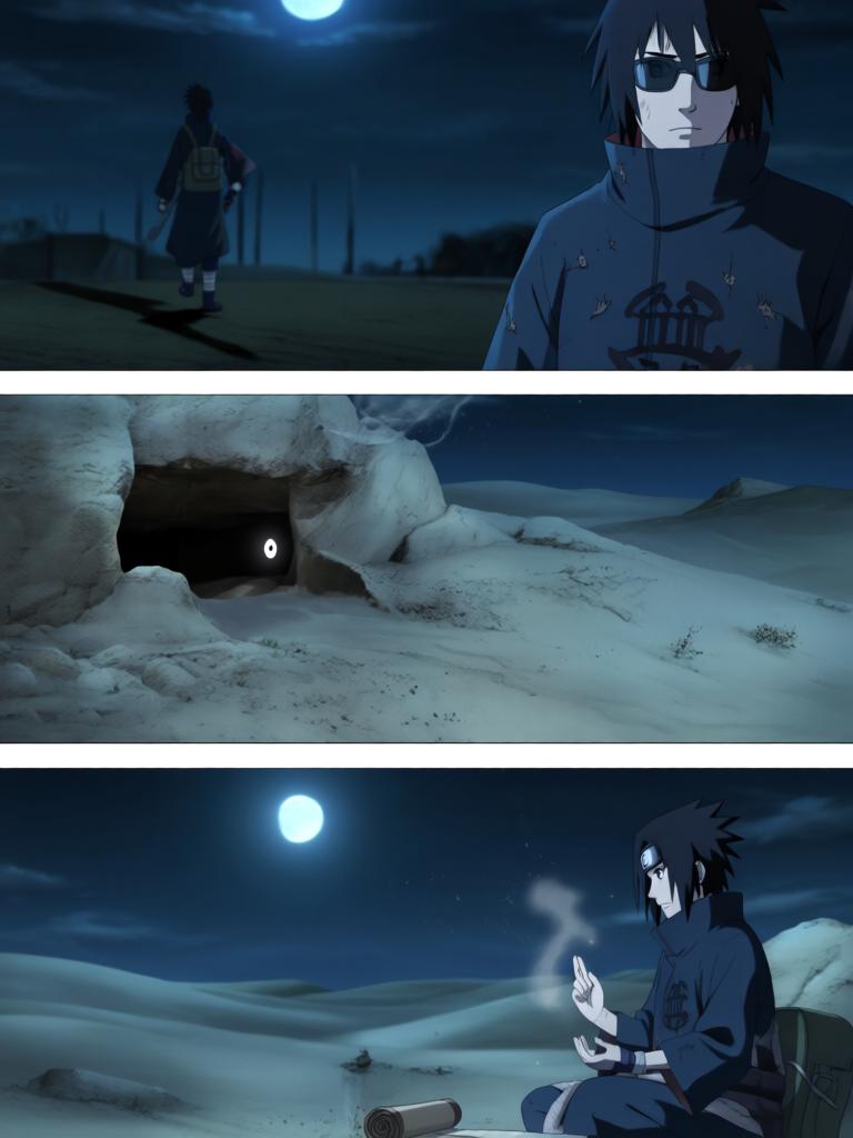 第2章:沙漠之眼：转生的代价
日向镜被村里发配到边境哨所，临行前与同族少女铃道别。边境枯燥巡逻中，他孤身取出独眼蝮蛇保管的基因液，赌上一切启动转生眼计划并经历剧烈的身体重组与疼痛。苏醒后他发现眼瞳已有异变，但进入适应期导致眼睛不能使用，他在被监视的哨所里暗自决心靠其他感知活下去。 - 图片6