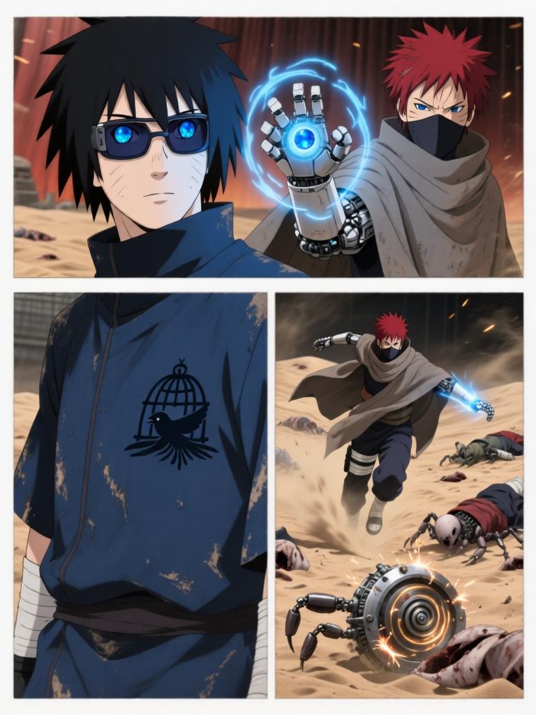 第4章:戈壁剧场：赤砂之蝎的邀约
日向镜与三井中一来到空旷接头点，远处一名裹斗篷的陌生人旁躺着几具砂忍尸体。陌生人揭下面罩，自称赤砂之蝎，现场氛围骤然恶化，沙堆中隐藏的傀儡悄然蠢动。战斗一触即发，日向镜凭借转生眼与轮转如意暂时应对，但埋伏远比想象更深，剧情以巨响与危机为结尾。 - 图片16