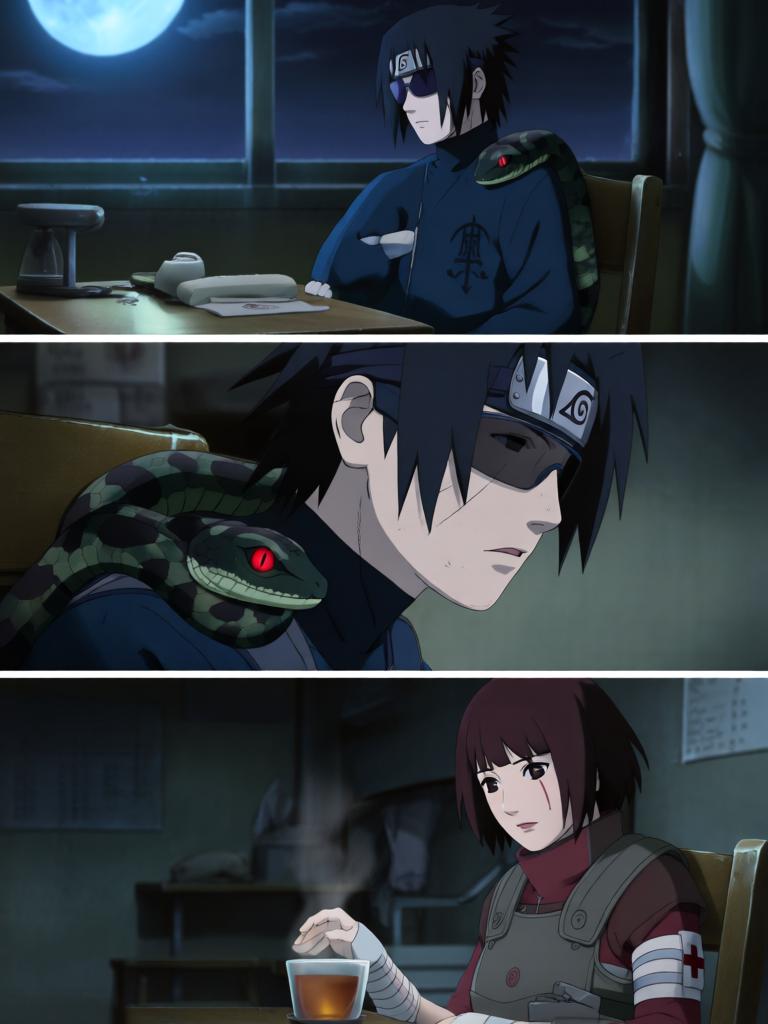 第7章:毁尸与戏码
日向镜在空中果断投掷起爆苦无，将三井中一的尸体炸得七零八落，以断绝赤砂之蝎借尸索索身份线索。回到哨所前，他将三代风影人傀儡伪装成追杀者演出受伤逃回的戏码，引出哨所内人的疑虑与恐惧。尽管暂时掩人耳目，日向镜与哨所同伴意识到更深层的威胁，怀疑有人来自根部，追击与内部裂痕的阴影尚未散去。 - 图片15