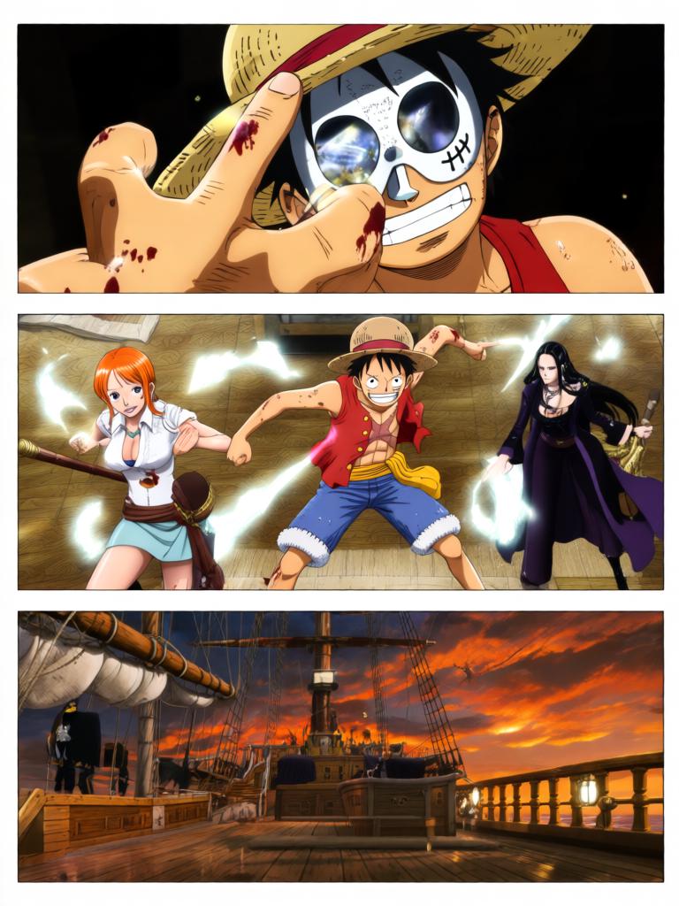 第3章:千阳号的锤音：草帽的回响
黑色舰队撞击千阳号，路飞被抛起，娜美与罗宾几乎同时伸手救他，三人之间的情感在危机中爆发。敌方欲以“D的血”和草帽为钥，旗舰下令夺取草帽。草帽在夕阳下发出异光，甲板上形成一瞬的迟疑，战斗与秘密同时走到悬崖边。 - 图片20