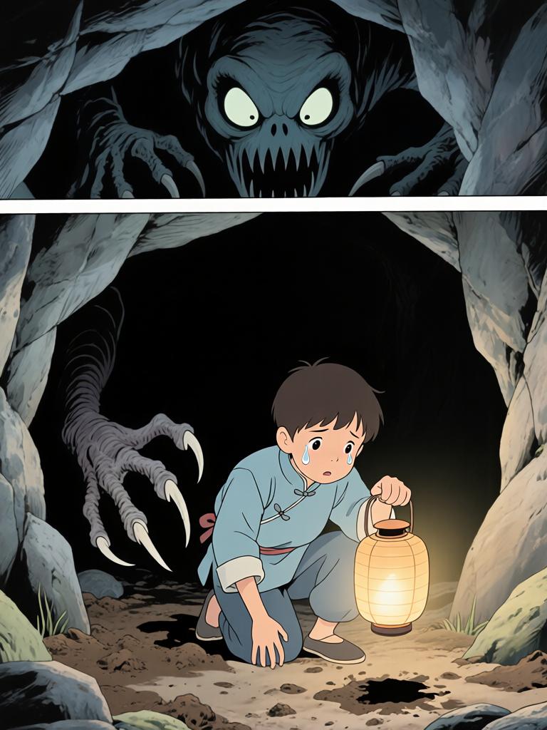 第4章:灯笼下的命心子
夜色中，陈如飞布下爆破，引出洞中的怪物；野子被炸入洞内，举灯挡住来袭生物并被迫深入寻找那生物胸中的命心子。陈如飞为保护野子与怪物搏斗，最终被拖入黑洞，野子带着命心子逃出，决心将来复仇。 - 图片10