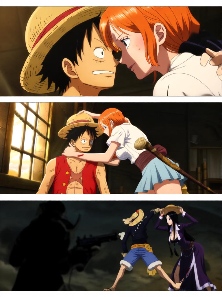 第5章:舵影之下的回归
舱内三人被束缚，敌方准备以草帽与“D”的血发动古老仪式。娜美与罗宾合力突围，将草帽试图戴回路飞，海心罗盘爆发幽蓝光芒唤醒海上的巨大舵影。舵影浮现，三人面对古老力量并肩应战，真相与毁灭的边缘一触即发。 - 图片6