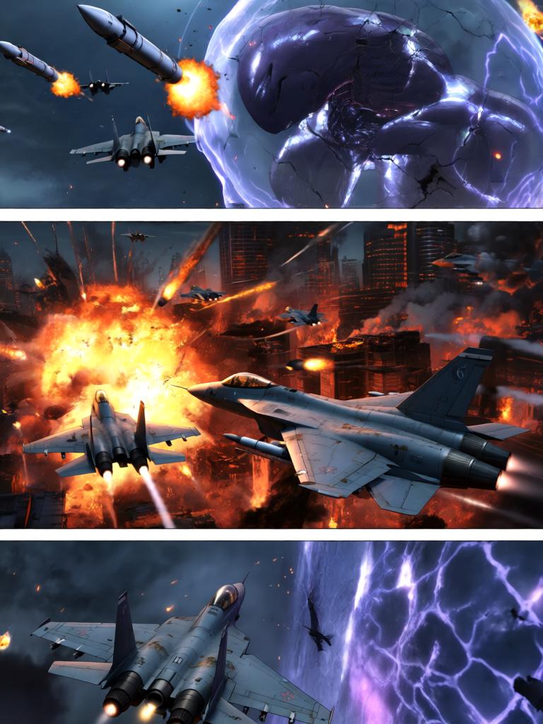 第3章:碎片与救赎的天使圈
空对地导弹射向使徒，却被看不见的屏障挡在前方，使徒反击，战机残骸四散。飞来的碎片朝街头冲来，紫发女子驾车及时横挡救下少年并带他逃离。途中国防部投放的N2地雷引发巨大爆炸，少年被冲击击晕，紫发女子焦急呼喊。 - 图片2