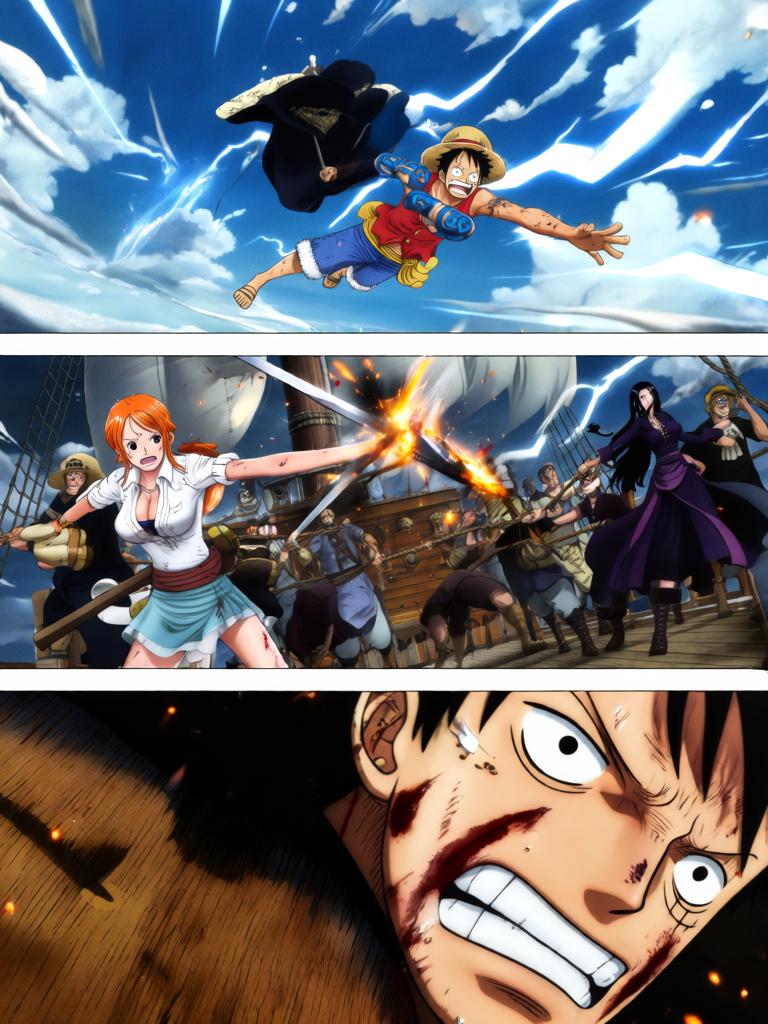 第17章:刀尖与影子：终焉前的搏斗
时间凝固，舵影扯向路飞，娜美与罗宾为了草帽与他的生命拼尽全力。面具人举刀欲献祭，幽蓝符文与甲板上的空气撕裂。就在刀尖将落下时，一个意想不到的影子掠过，打断了瞬间，也将战局推向更深的未知。 - 图片10