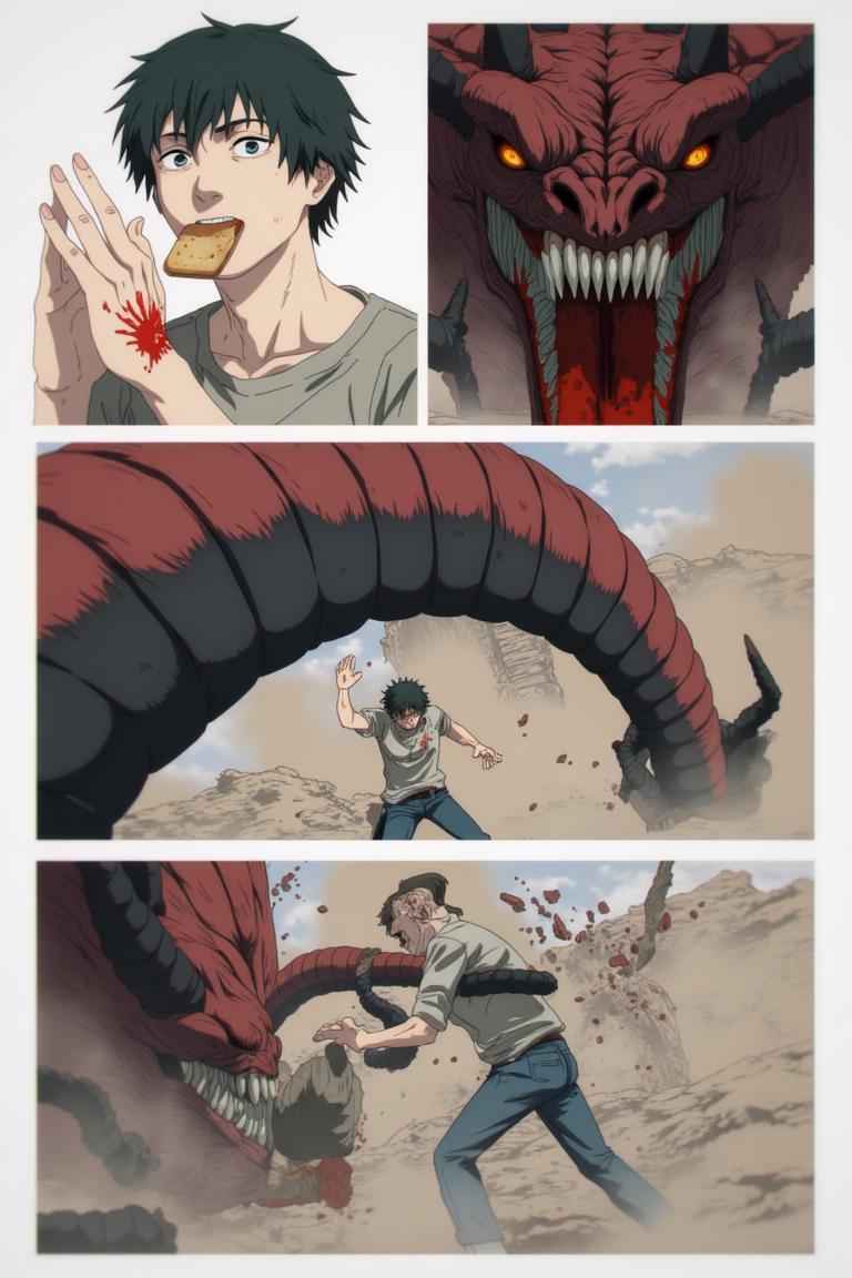 第4章:Red Maw, Green Remedy
Shisan is slammed and trapped by the flexible, brutal arms of the Zombie Demon as his regenerative Viridian Devil struggles to keep him whole. The Claw Devil and the Gluttony (Famine) Devil intervene in a savage ballet of tearing flesh and roaring hunger, turning the fight into an all-consuming purge. Exhausted and half-destroyed, Shisan collapses unconscious — only to be cradled and prodded awake by a calm woman with a braid who calls herself Makima. - 图片10