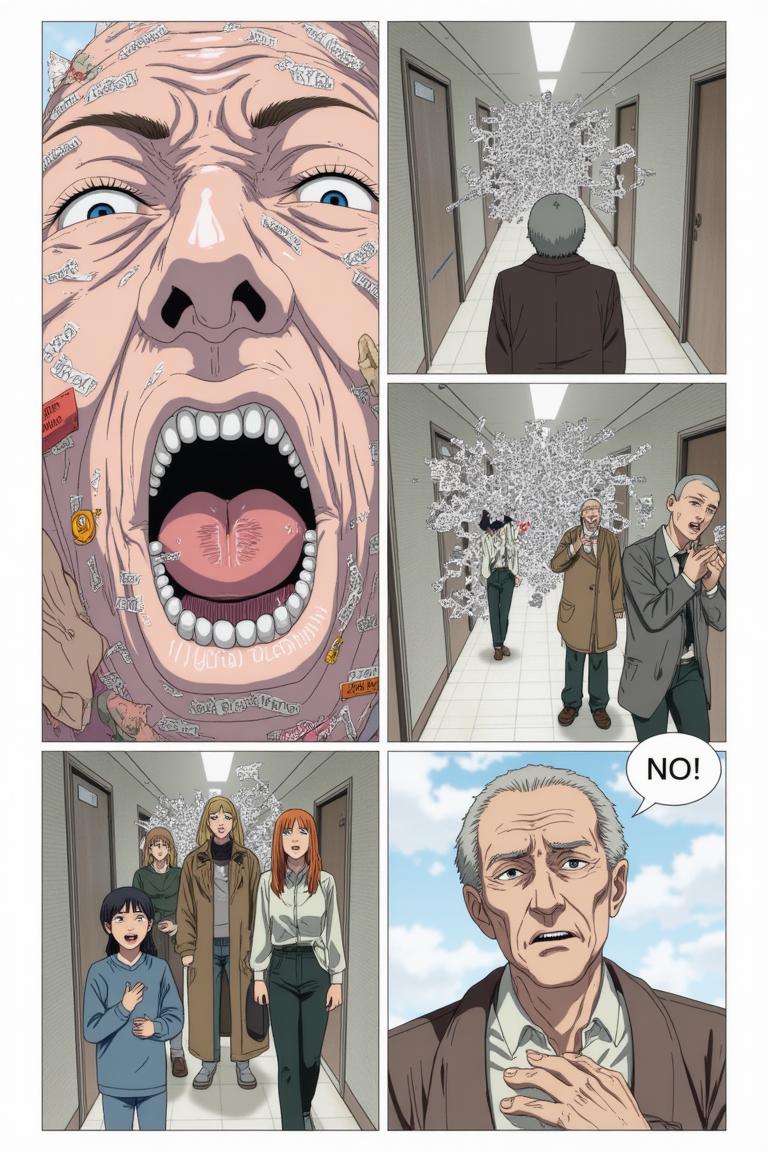 第3章:The Name Between Cracks
Torn fragments of names drift through a scarred apartment corridor as fractured memories stitch back crookedly. Sato refuses to become a 'tool' while Makima and Aoyama argue over whether naming is order, domination, or ledger-bound debt—an emergent memory-entity devours and reshapes recollection. Makima tests a dangerous middle path, reaching into the memory mass as footsteps and a slammed door promise an immediate, bloody decision about who will name the world. - 图片11