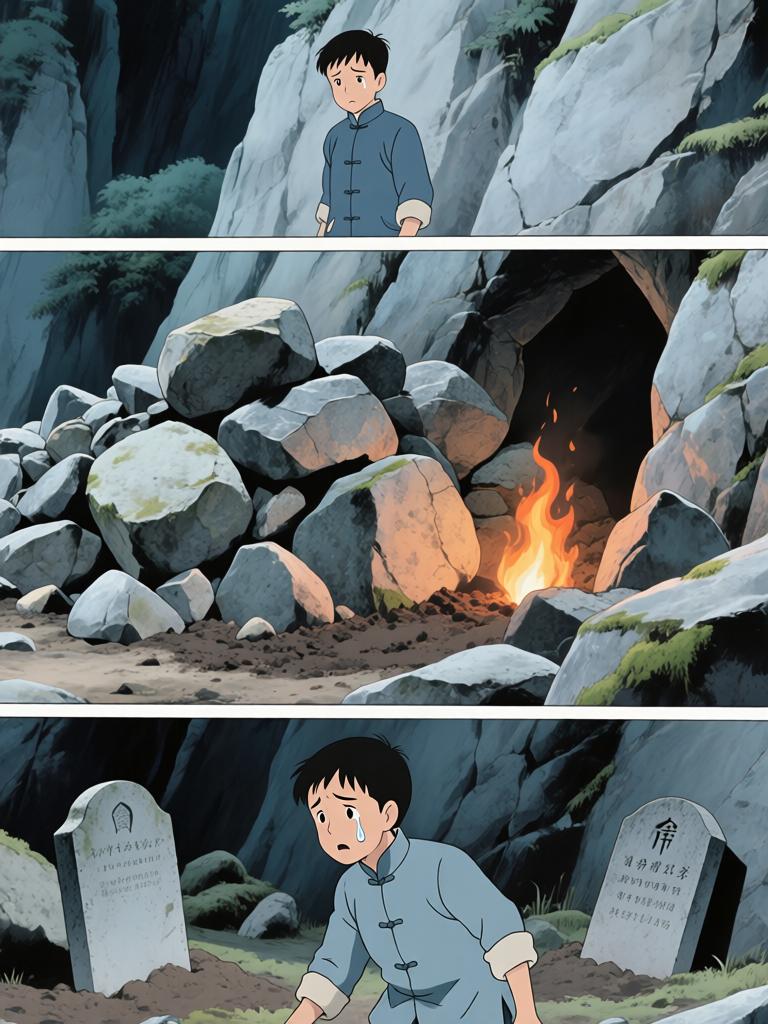 第3章:崖下的坟与承诺
我爷在深山里向我交代万一之事，叮嘱我要在二十四岁回来复仇，并教我如何在他可能牺牲时应对即将从坟中出现的东西。寒风、爆破和白布灯笼构成了这一夜的仪式，我在恐惧中被反复逼着记住每一句话。最后，火堆旁的钟表与他凝固的表情，把等待与不确定拉得更长。 - 图片6