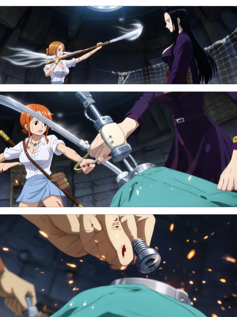 第2章:千阳号的呼救：黑翼罗盘与两位守护者
黑色舰队突然撞向千阳号，路飞被抛起，娜美与罗宾同时伸手相救，触碰之际情感流动。敌方暴露他们要“D”的血作为钥匙，放出能抑制橡胶能力的黑色网。娜美与罗宾放下争执并肩拆除抑制装置，路飞怒吼迎敌，海心罗盘指针直指他胸口，旗舰下令：把他带上船来。 - 图片11