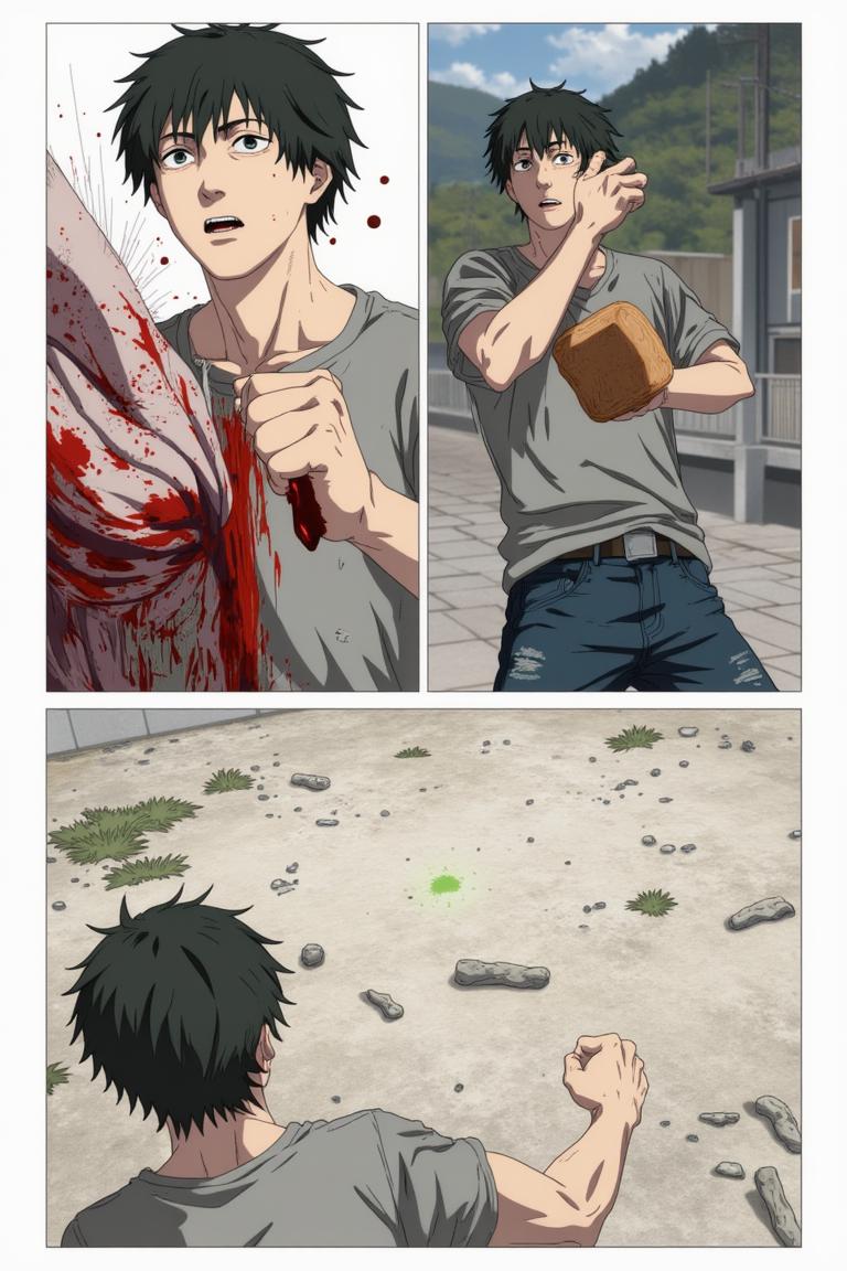 第3章:Two Devils, One Eye
Surrounded by a writhing horde and a towering corpse-mountain, Shisan's two contracted devils manifest: a green, regenerative aura and a colossal crimson claw. He pays the price—losing his right eye—to summon the claw and lashes out, mowing down hordes, but the Zombie Demon bites the claw and retaliates, leaving Shisan wounded and the true fight beginning. Blood, tooth, and smoke set the stage for a desperate duel: Shisan's fury versus the zombified boss that led him into the trap. - 图片17