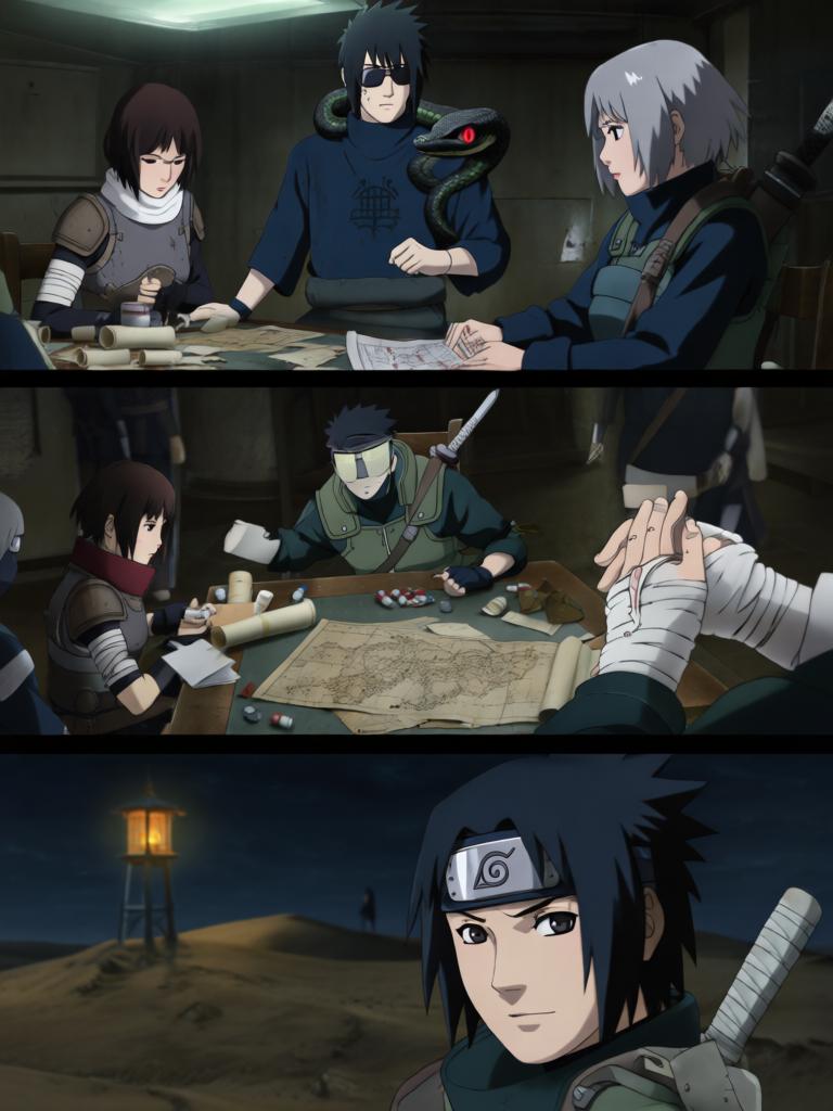 第7章:毁尸与戏码
日向镜在空中果断投掷起爆苦无，将三井中一的尸体炸得七零八落，以断绝赤砂之蝎借尸索索身份线索。回到哨所前，他将三代风影人傀儡伪装成追杀者演出受伤逃回的戏码，引出哨所内人的疑虑与恐惧。尽管暂时掩人耳目，日向镜与哨所同伴意识到更深层的威胁，怀疑有人来自根部，追击与内部裂痕的阴影尚未散去。 - 图片18