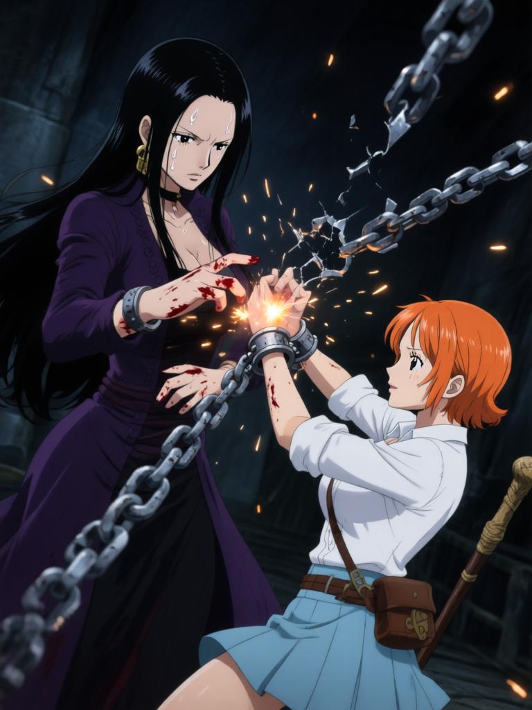 第5章:舵影之下的回归
舱内三人被束缚，敌方准备以草帽与“D”的血发动古老仪式。娜美与罗宾合力突围，将草帽试图戴回路飞，海心罗盘爆发幽蓝光芒唤醒海上的巨大舵影。舵影浮现，三人面对古老力量并肩应战，真相与毁灭的边缘一触即发。 - 图片5