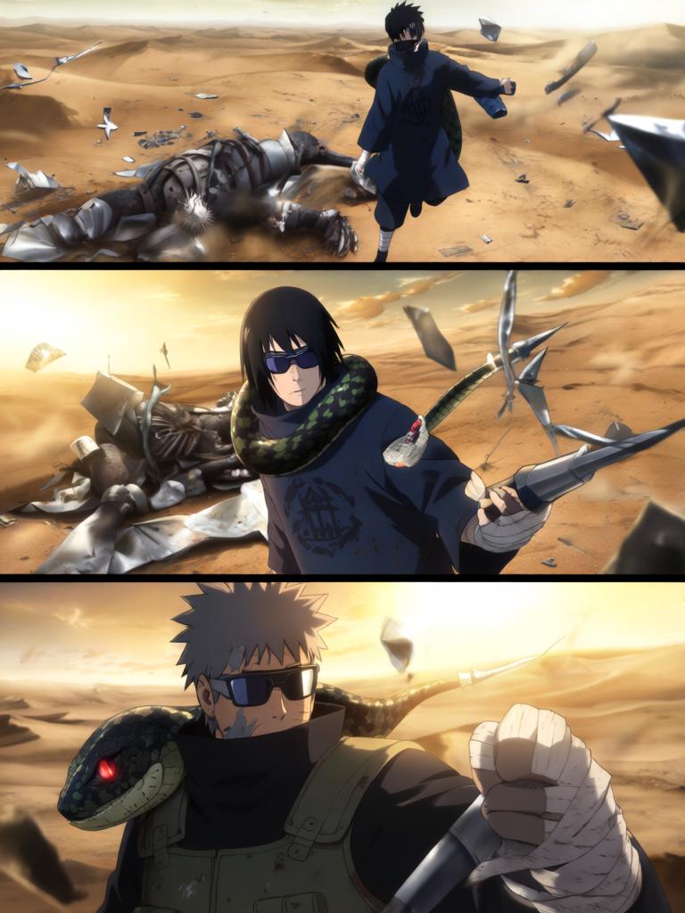 第7章:毁尸与戏码
日向镜在空中果断投掷起爆苦无，将三井中一的尸体炸得七零八落，以断绝赤砂之蝎借尸索索身份线索。回到哨所前，他将三代风影人傀儡伪装成追杀者演出受伤逃回的戏码，引出哨所内人的疑虑与恐惧。尽管暂时掩人耳目，日向镜与哨所同伴意识到更深层的威胁，怀疑有人来自根部，追击与内部裂痕的阴影尚未散去。 - 图片1