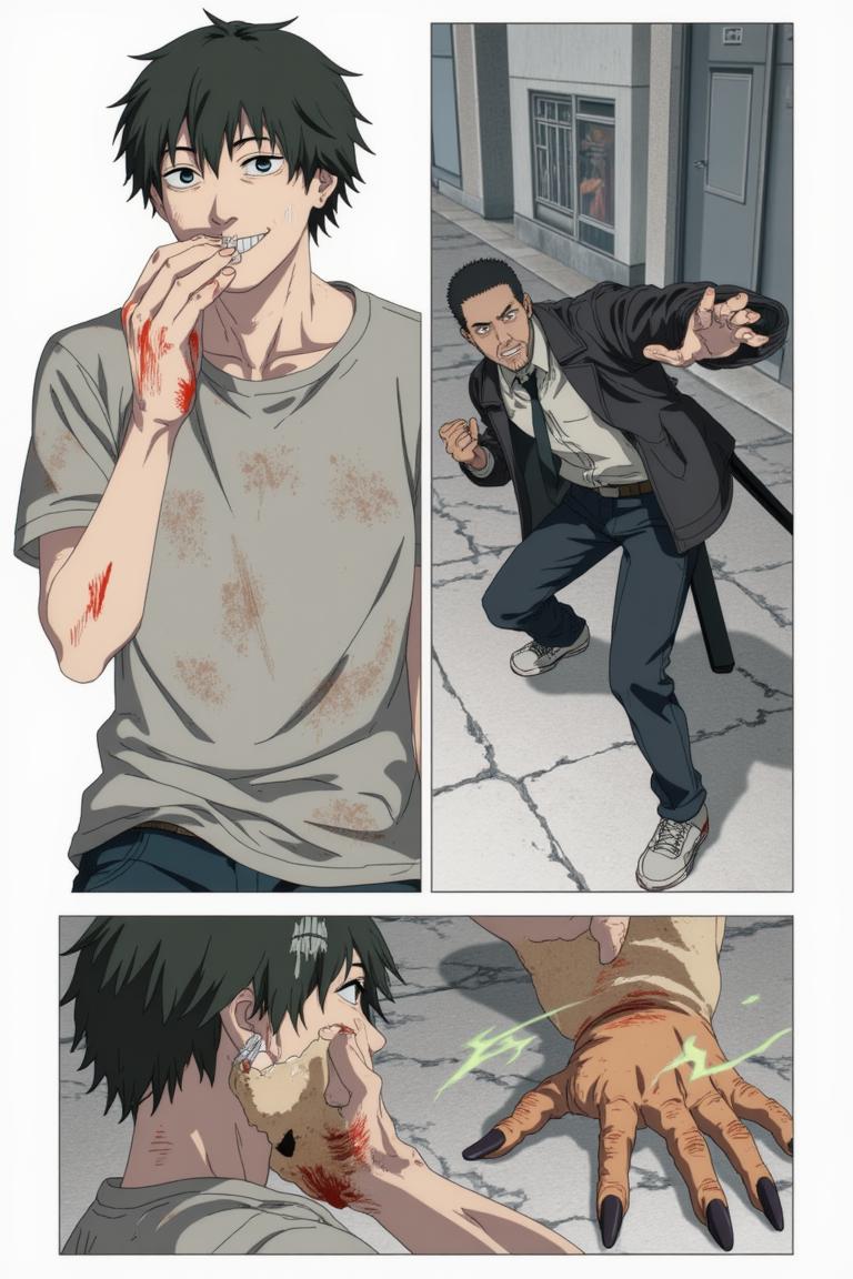 第6章:Collapse and Oden: Shisan and Aki
Inside a crumbling building the Muscle Devil smashes pillars and goads Shisan out of hiding. Aki fights wildly, Shisan's Gluttony-bound claws strike and become trapped as the Muscle Devil reveals the true snare — only to be decapitated by Aki's blade. After the rubble, awkward camaraderie and Makima's quiet orders send Shisan to room with Aki, and the chapter closes on a messy, warm meal at an oden stall. - 图片10