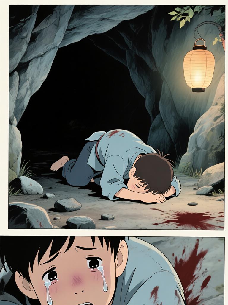 第4章:灯笼下的命心子
夜色中，陈如飞布下爆破，引出洞中的怪物；野子被炸入洞内，举灯挡住来袭生物并被迫深入寻找那生物胸中的命心子。陈如飞为保护野子与怪物搏斗，最终被拖入黑洞，野子带着命心子逃出，决心将来复仇。 - 图片16