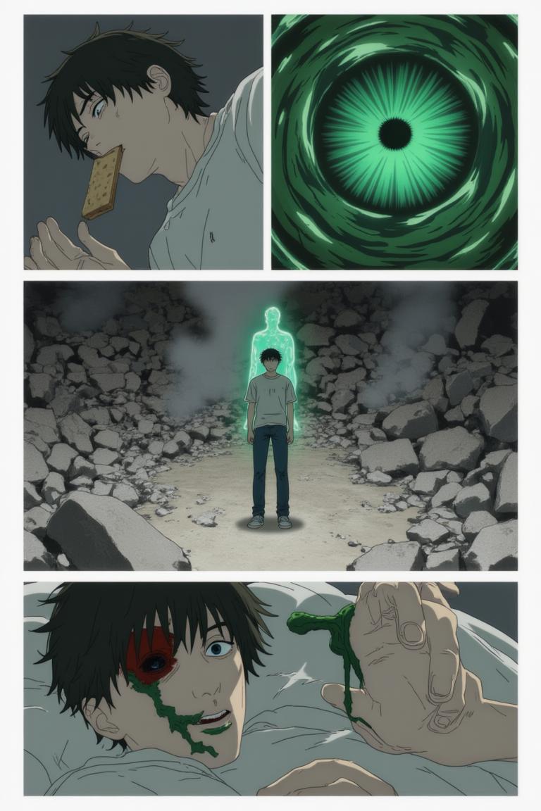 第4章:Red Maw, Green Remedy
Shisan is slammed and trapped by the flexible, brutal arms of the Zombie Demon as his regenerative Viridian Devil struggles to keep him whole. The Claw Devil and the Gluttony (Famine) Devil intervene in a savage ballet of tearing flesh and roaring hunger, turning the fight into an all-consuming purge. Exhausted and half-destroyed, Shisan collapses unconscious — only to be cradled and prodded awake by a calm woman with a braid who calls herself Makima. - 图片13