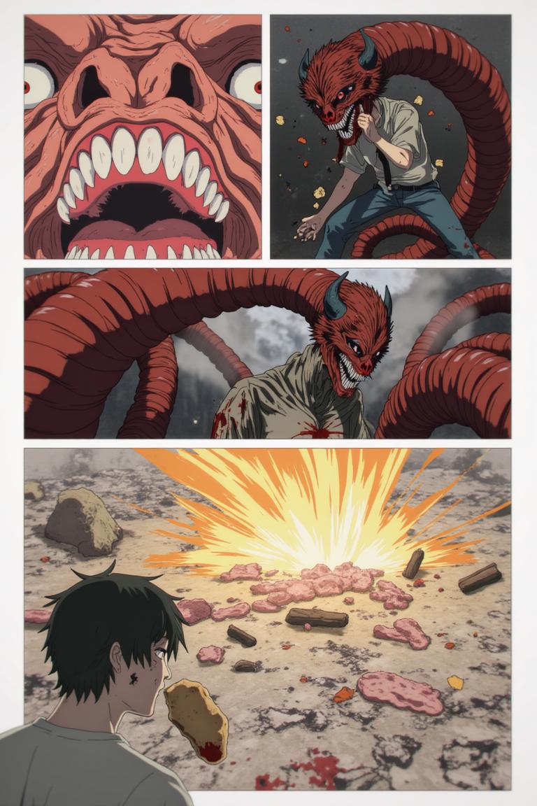 第4章:Red Maw, Green Remedy
Shisan is slammed and trapped by the flexible, brutal arms of the Zombie Demon as his regenerative Viridian Devil struggles to keep him whole. The Claw Devil and the Gluttony (Famine) Devil intervene in a savage ballet of tearing flesh and roaring hunger, turning the fight into an all-consuming purge. Exhausted and half-destroyed, Shisan collapses unconscious — only to be cradled and prodded awake by a calm woman with a braid who calls herself Makima. - 图片12