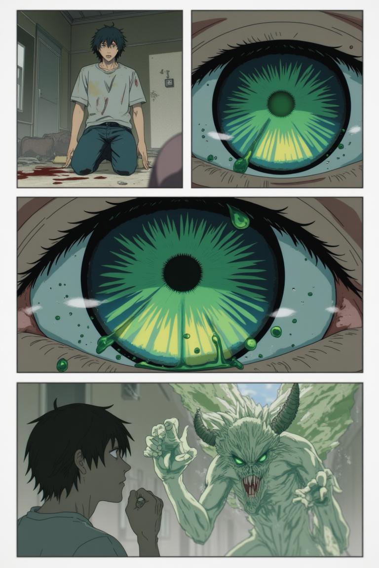 第3章:Two Devils, One Eye
Surrounded by a writhing horde and a towering corpse-mountain, Shisan's two contracted devils manifest: a green, regenerative aura and a colossal crimson claw. He pays the price—losing his right eye—to summon the claw and lashes out, mowing down hordes, but the Zombie Demon bites the claw and retaliates, leaving Shisan wounded and the true fight beginning. Blood, tooth, and smoke set the stage for a desperate duel: Shisan's fury versus the zombified boss that led him into the trap. - 图片18