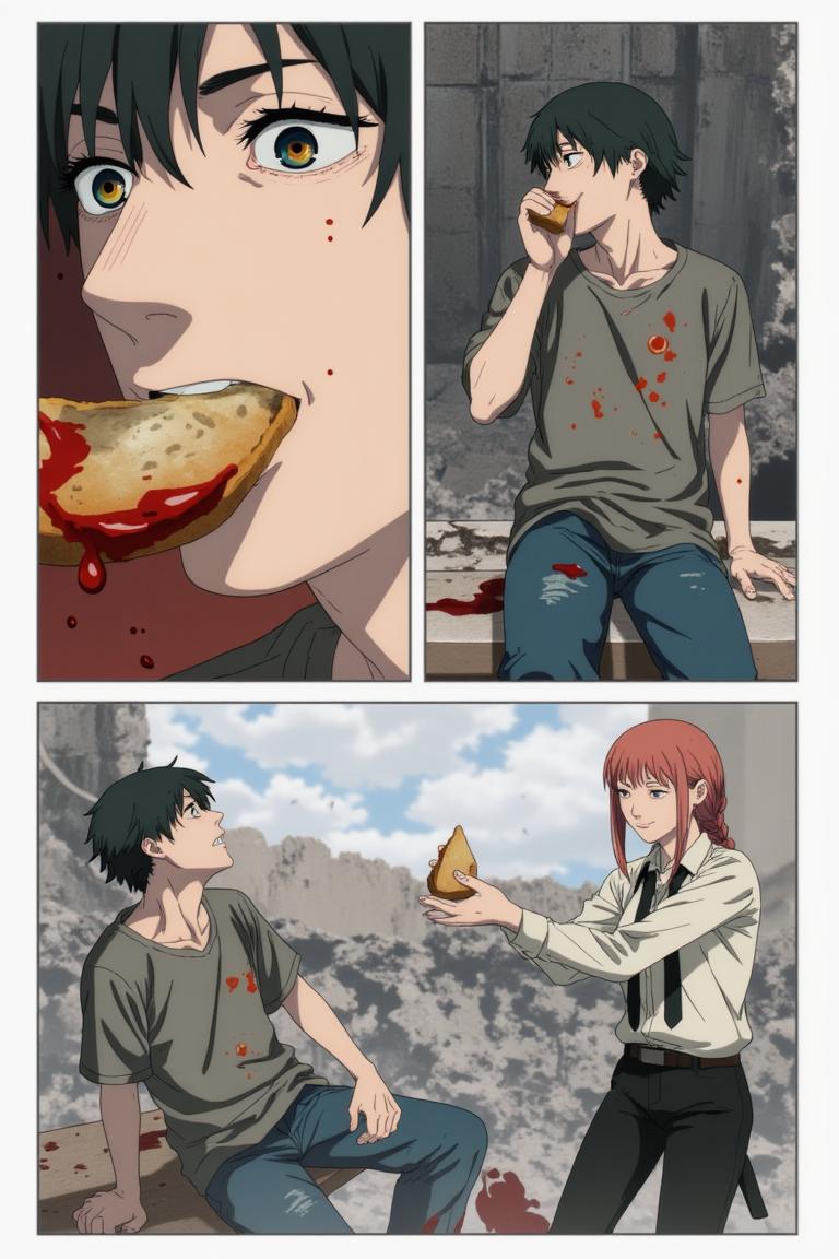 第4章:Red Maw, Green Remedy
Shisan is slammed and trapped by the flexible, brutal arms of the Zombie Demon as his regenerative Viridian Devil struggles to keep him whole. The Claw Devil and the Gluttony (Famine) Devil intervene in a savage ballet of tearing flesh and roaring hunger, turning the fight into an all-consuming purge. Exhausted and half-destroyed, Shisan collapses unconscious — only to be cradled and prodded awake by a calm woman with a braid who calls herself Makima. - 图片16