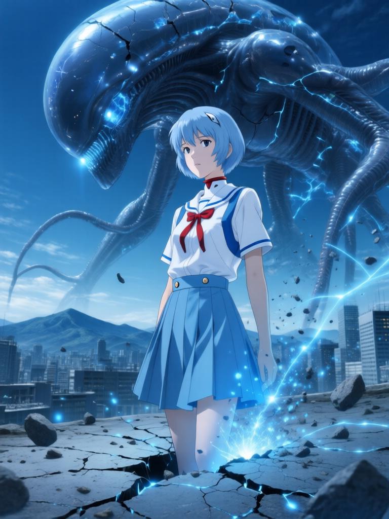 第2章:虚雾之际·蓝发幽影
第二新东京市在紧急疏散中陷入死寂，紫发女子急寻那个害羞的少年。少年在街头意外看见神秘的蓝发少女凌波丽，而远方天际出现了巨大的使徒。指挥部在屏幕前冷笑，隐藏的计划悄然启动。 - 图片14