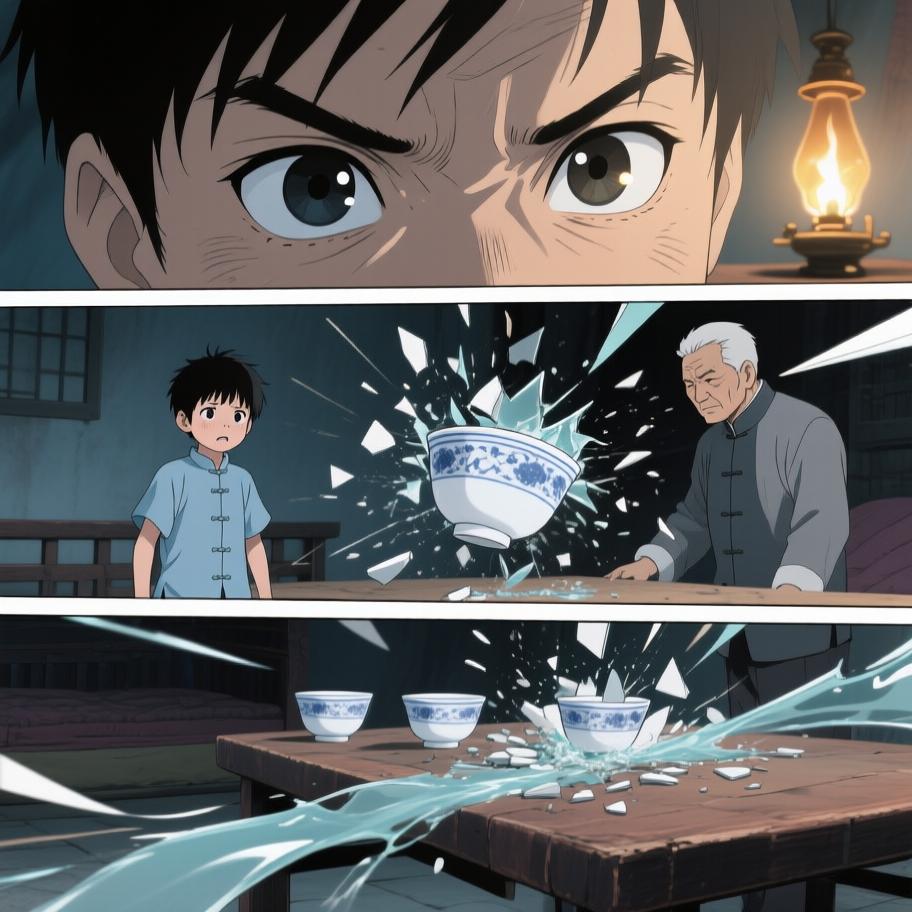 第1章:西屋的绿火与炕沿下的眼珠
我爷在打了人后若无其事带我回家并教我‘有本事能收回惹的祸’，夜里我看到他在西屋用七个白瓷盅和黄纸做法事，盅爆裂、酒流下炕沿，被一个披发、指甲乌黑的影人跪着捧酒喝去；几天后对方家人来跪求，献上黄纸祭品被我爷收下，却扔进仓房并炖了吃。我趁我爷出门偷看箱子，误用御神盅点灯油引发绿火与邪影袭来，最后我昏厥被我爷训斥，揭示我把尿撒进敬神壶冒犯了更大的神灵。 - 图片4