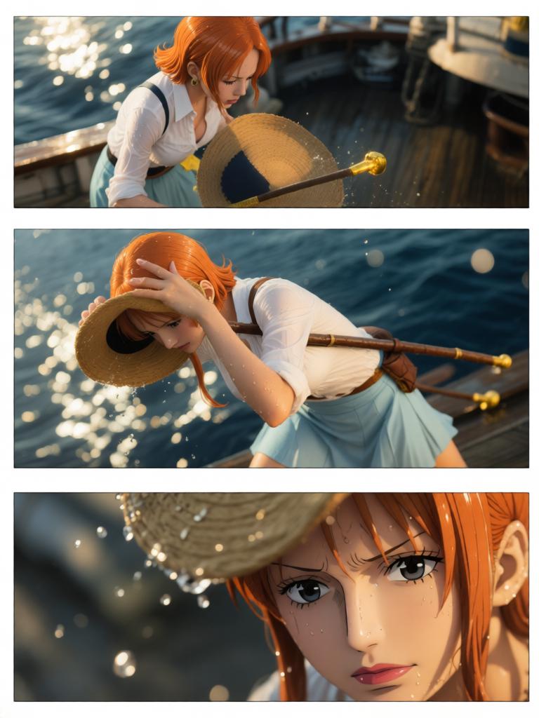 第4章:夕阳下的撕扯——草帽、誓言与引路的罗盘
千阳号被黑色舰队撞击，路飞被抛起并失去行动能力；娜美与罗宾并肩拆除抑制装置，两人因抢救草帽与路飞发生激烈拉扯；旗舰将三人吞入舱口，草帽留在甲板上，海心罗盘指向更远的谜题，娜美与罗宾立誓要把他们带回。 - 图片17