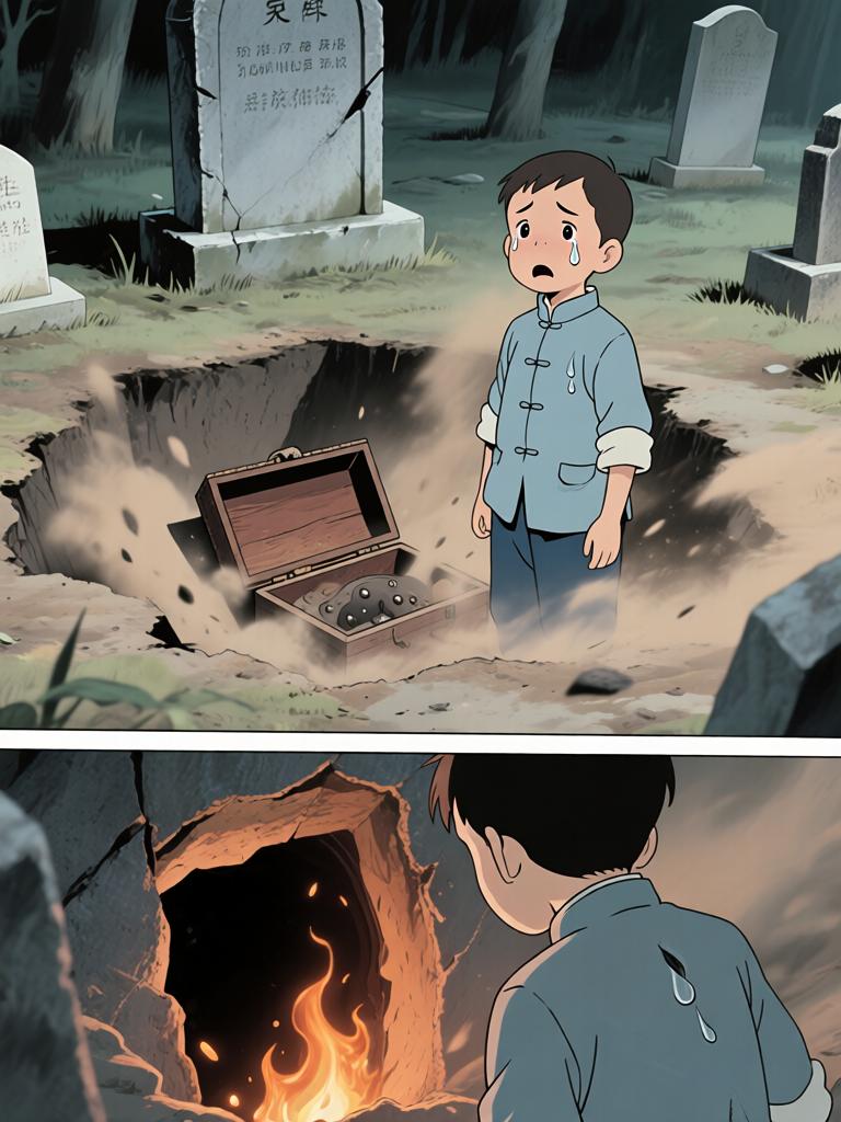 第3章:崖下的坟与承诺
我爷在深山里向我交代万一之事，叮嘱我要在二十四岁回来复仇，并教我如何在他可能牺牲时应对即将从坟中出现的东西。寒风、爆破和白布灯笼构成了这一夜的仪式，我在恐惧中被反复逼着记住每一句话。最后，火堆旁的钟表与他凝固的表情，把等待与不确定拉得更长。 - 图片16