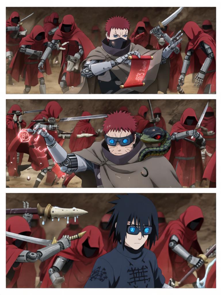 第6章:铁砂之下的抉择
日向镜在战场中被迫激活三代风影人傀儡以自保，赤砂之蝎召出十具红袍傀儡发动毒刃远程攻势。铁砂护盾连番承受骨质千本的撞击，形势愈发危急，日向镜不得不冒着生命危险注入转生眼查克拉唤醒傀儡的自主性以求突围。结尾以疲惫却决绝的日向镜与傀儡守护被毒侵蚀的秘密，留下未解的追击威胁与新的谜团。 - 图片16