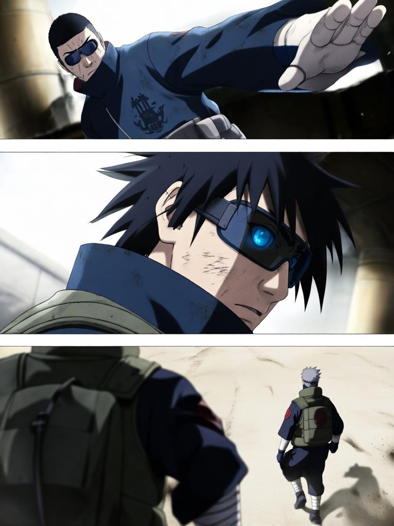 第4章:戈壁剧场：赤砂之蝎的邀约
日向镜与三井中一来到空旷接头点，远处一名裹斗篷的陌生人旁躺着几具砂忍尸体。陌生人揭下面罩，自称赤砂之蝎，现场氛围骤然恶化，沙堆中隐藏的傀儡悄然蠢动。战斗一触即发，日向镜凭借转生眼与轮转如意暂时应对，但埋伏远比想象更深，剧情以巨响与危机为结尾。 - 图片3