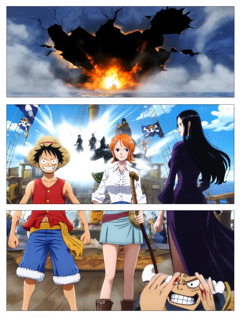 第538章:失落之路的呼唤
晨光如刀，千阳号甲板上紧张在娜美与罗宾之间酝酿。三人上岛追寻传说中的“海心罗盘”，拍卖场上埋伏暴露出更大的阴谋：罗盘是钥匙，指向一个与路飞有关的古老碎片。就在真相渐近之时，黑色舰队出现，巨影疾撞向千阳号，故事在撞击前戛然而止。 - 图片19