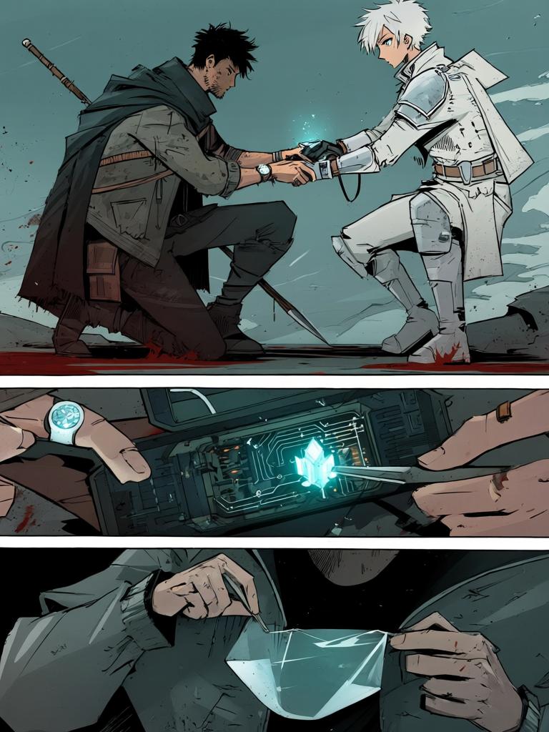 第6章:坠星与波动掌
一颗天外宇宙舱坠落，白甲短发青年亚斯塔出现并嘲讽陆隐。两人短暂交锋中陆隐迫使自己使用禁术“波动掌”，重创亚斯塔却付出手臂近乎废掉的代价。陆隐搜获亚斯塔的戒指战甲、个人终端与一枚从断指中掉落的晶片，为下一步行动获取关键线索。 - 图片15