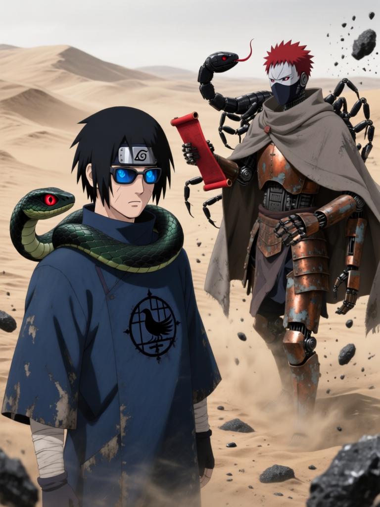 第6章:铁砂之下的抉择
日向镜在战场中被迫激活三代风影人傀儡以自保，赤砂之蝎召出十具红袍傀儡发动毒刃远程攻势。铁砂护盾连番承受骨质千本的撞击，形势愈发危急，日向镜不得不冒着生命危险注入转生眼查克拉唤醒傀儡的自主性以求突围。结尾以疲惫却决绝的日向镜与傀儡守护被毒侵蚀的秘密，留下未解的追击威胁与新的谜团。 - 图片2