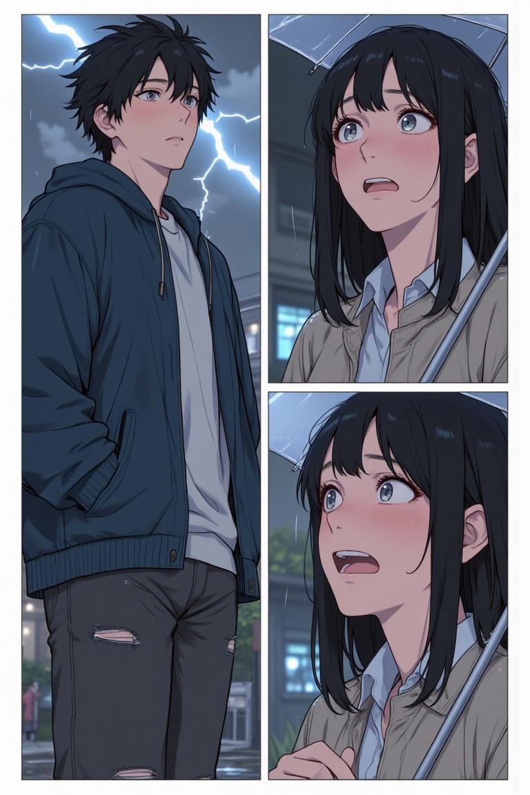 第2章:Rain, Lightning and an Unexpected Meet-cute
Luo Ye leaves the library into a sudden downpour and sees senior Su Baizhou rush out in the rain. He offers her his umbrella; lightning reveals her unexpected fear of thunder. They take shelter, fumble through awkward conversation, and discover via phones that they are linked through mutual acquaintances — turning an ordinary rain delay into a memorable first meeting. - 图片6