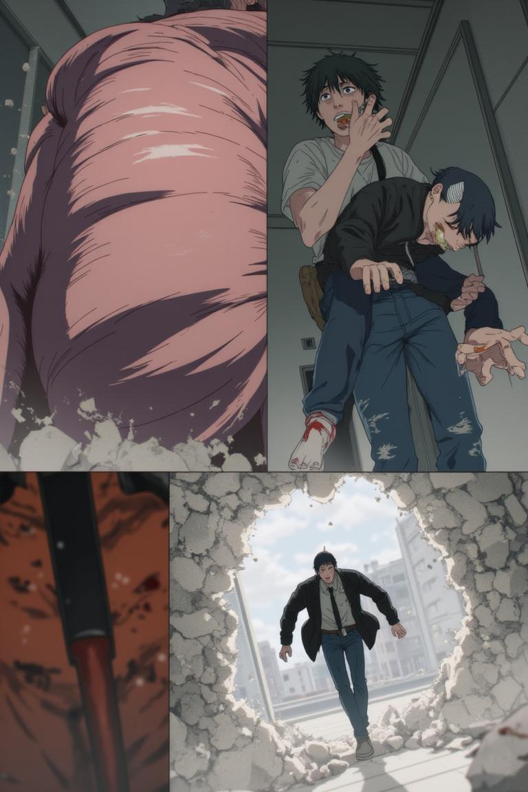 第6章:Collapse and Oden: Shisan and Aki
Inside a crumbling building the Muscle Devil smashes pillars and goads Shisan out of hiding. Aki fights wildly, Shisan's Gluttony-bound claws strike and become trapped as the Muscle Devil reveals the true snare — only to be decapitated by Aki's blade. After the rubble, awkward camaraderie and Makima's quiet orders send Shisan to room with Aki, and the chapter closes on a messy, warm meal at an oden stall. - 图片1