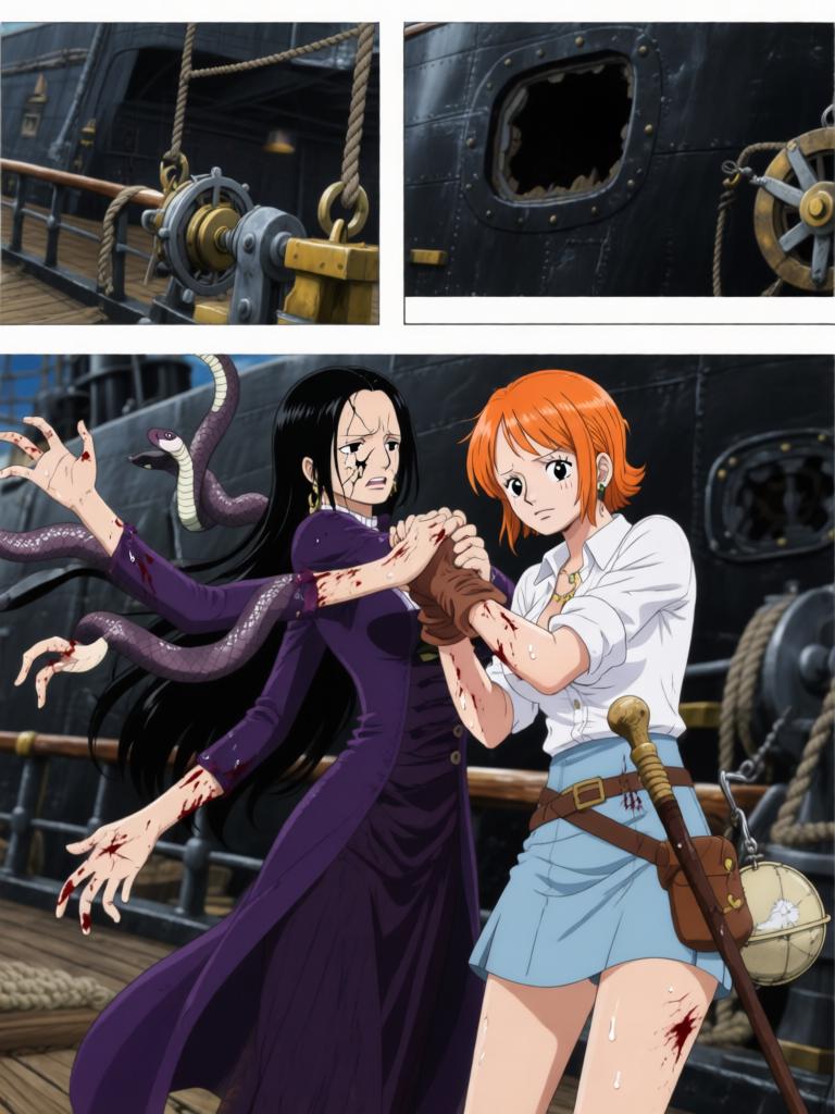 第4章:夕阳下的撕扯——草帽、誓言与引路的罗盘
千阳号被黑色舰队撞击，路飞被抛起并失去行动能力；娜美与罗宾并肩拆除抑制装置，两人因抢救草帽与路飞发生激烈拉扯；旗舰将三人吞入舱口，草帽留在甲板上，海心罗盘指向更远的谜题，娜美与罗宾立誓要把他们带回。 - 图片11