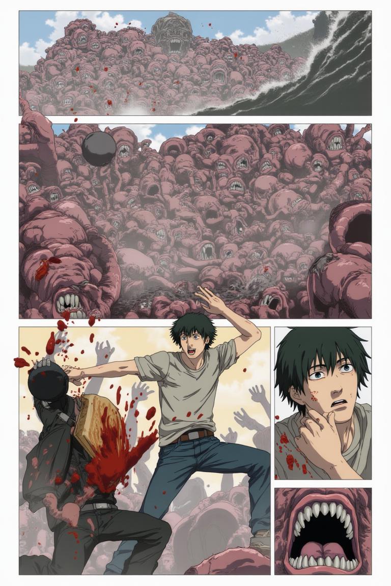 第2章:Debt, Deception, and the Corpse Mountain
Shisan, a starving teenage demon hunter, is hauled into a black-suited crime boss's convoy and learns he's enslaved by a thirty-million debt. Lured into the countryside under the promise that a powerful beast will wipe away half his debt, Shisan and the gang find an apparently haunted, empty house where the boss's men suddenly turn on him. Surrounded by zombified hunters and a towering mound of corpses, Shisan is overwhelmed by a crimson claw — the setup reveals he was led into a trap to be consumed by the very 'zombie demon' he hunted. - 图片16