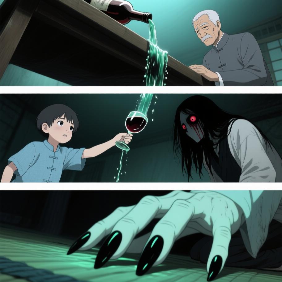 第1章:西屋的绿火与炕沿下的眼珠
我爷在打了人后若无其事带我回家并教我‘有本事能收回惹的祸’，夜里我看到他在西屋用七个白瓷盅和黄纸做法事，盅爆裂、酒流下炕沿，被一个披发、指甲乌黑的影人跪着捧酒喝去；几天后对方家人来跪求，献上黄纸祭品被我爷收下，却扔进仓房并炖了吃。我趁我爷出门偷看箱子，误用御神盅点灯油引发绿火与邪影袭来，最后我昏厥被我爷训斥，揭示我把尿撒进敬神壶冒犯了更大的神灵。 - 图片5