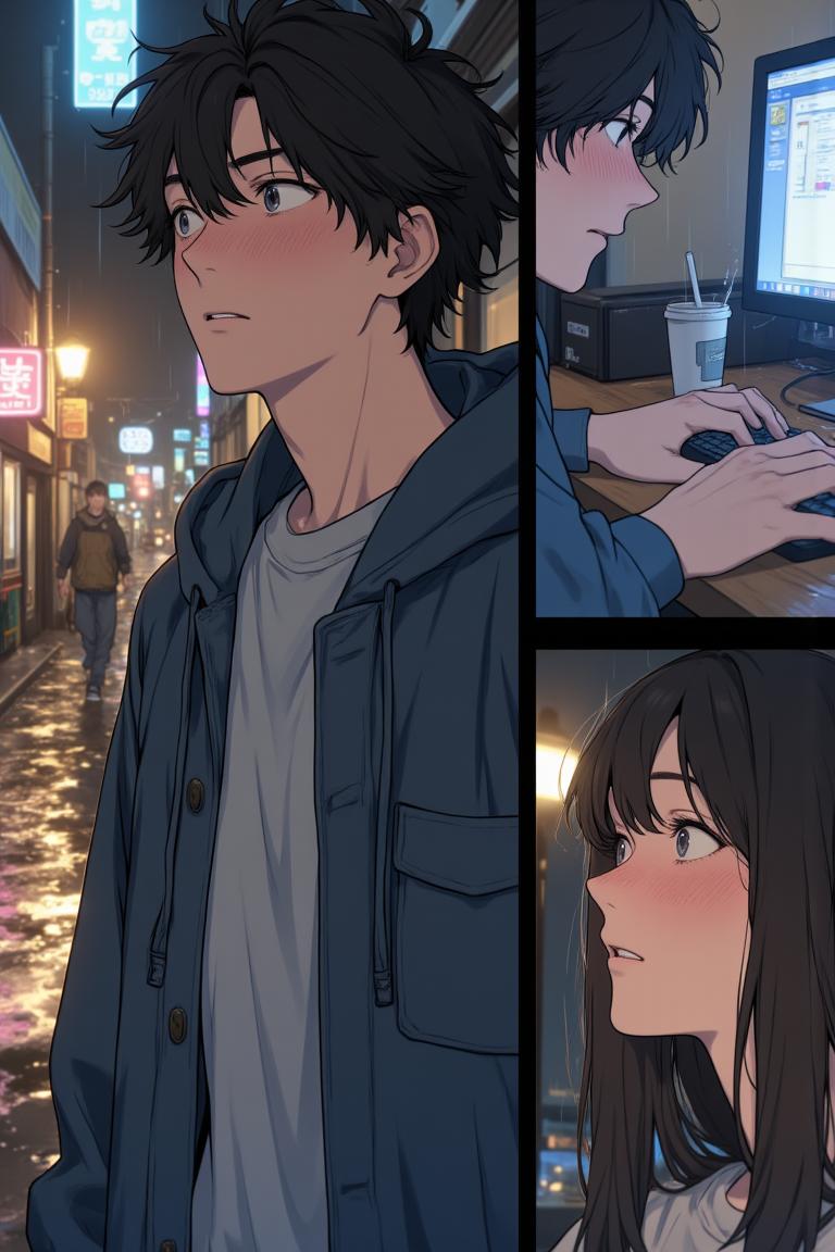 第1章:New Rain, New Beginnings
Luo Ye, now a university freshman and a modestly successful web novelist, spends a rainy night in an internet café before arriving at Jiangcheng University. After discovering a note in the rented teacher apartment and being warned by his brother Gu Mingxuan, he registers for school and meets two striking senior girls—Su Baizhou, an ice‑beauty and student council president, and her lively friend Qin Yuwen. A quiet recognition and an unresolved misunderstanding hang between them, opening the door to a new chapter of campus life. - 图片1