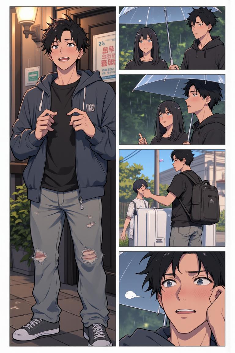 第3章:After the Rain, New Beginnings
Luo Ye shelters Su Baizhou from a sudden downpour by giving her his jacket; he watches her walk away and is struck by regret and fascination. He returns to the dorm and meets his new roommates — the friendly hometown guy Li Haoyang, the impossibly handsome Shen Qiao, and the goofy but warm Wang Dachui — and they bond over small talk and preparations for the upcoming military training. The brief rain encounter lingers in Luo Ye's thoughts as he steps into campus life with new companions. - 图片5