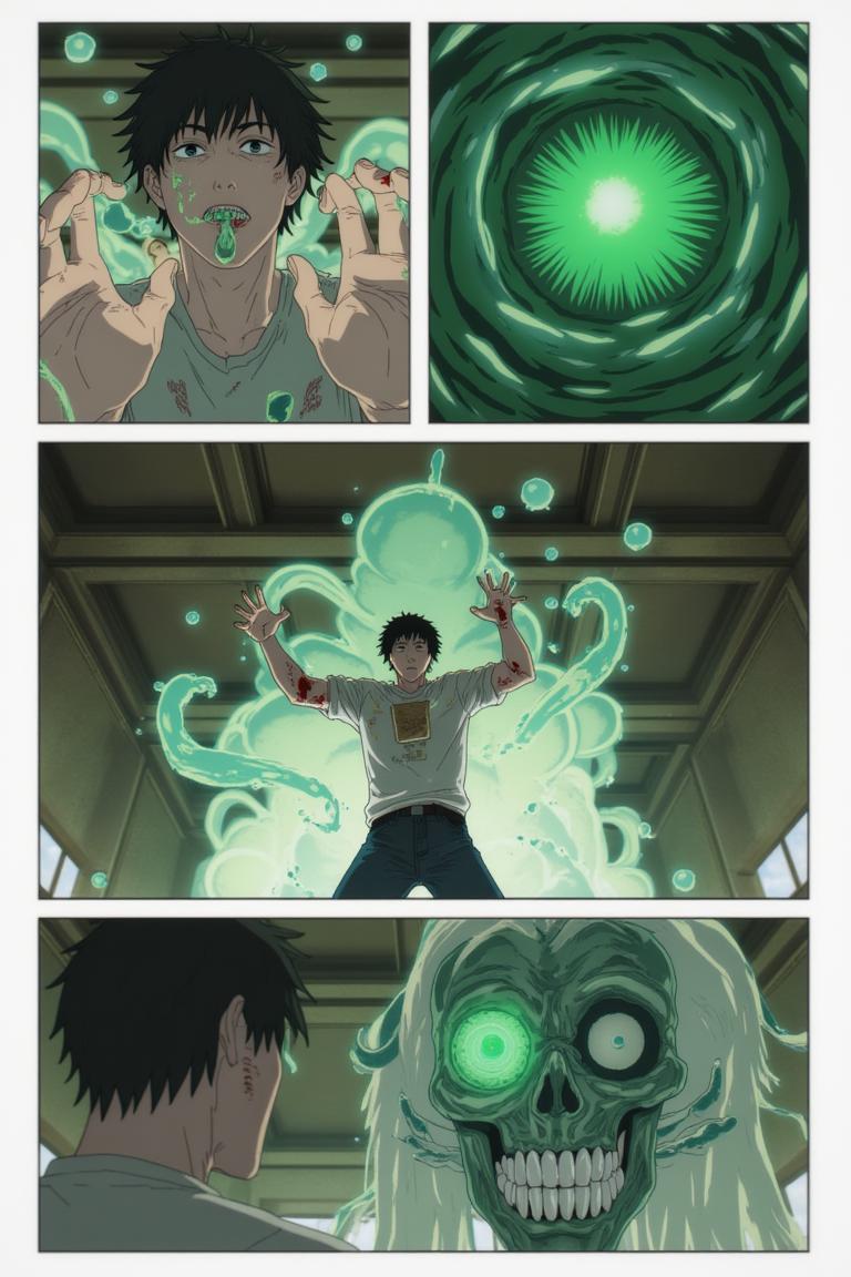 第3章:Two Devils, One Eye
Surrounded by a writhing horde and a towering corpse-mountain, Shisan's two contracted devils manifest: a green, regenerative aura and a colossal crimson claw. He pays the price—losing his right eye—to summon the claw and lashes out, mowing down hordes, but the Zombie Demon bites the claw and retaliates, leaving Shisan wounded and the true fight beginning. Blood, tooth, and smoke set the stage for a desperate duel: Shisan's fury versus the zombified boss that led him into the trap. - 图片12