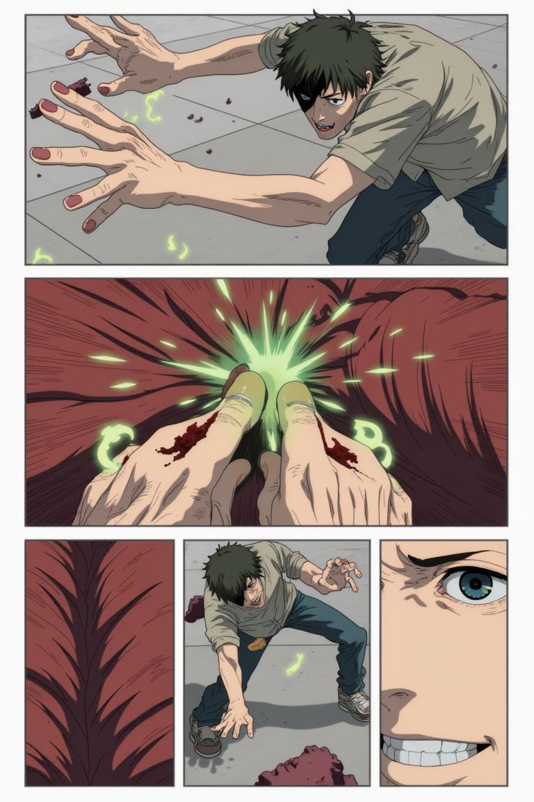 第6章:Collapse and Oden: Shisan and Aki
Inside a crumbling building the Muscle Devil smashes pillars and goads Shisan out of hiding. Aki fights wildly, Shisan's Gluttony-bound claws strike and become trapped as the Muscle Devil reveals the true snare — only to be decapitated by Aki's blade. After the rubble, awkward camaraderie and Makima's quiet orders send Shisan to room with Aki, and the chapter closes on a messy, warm meal at an oden stall. - 图片6