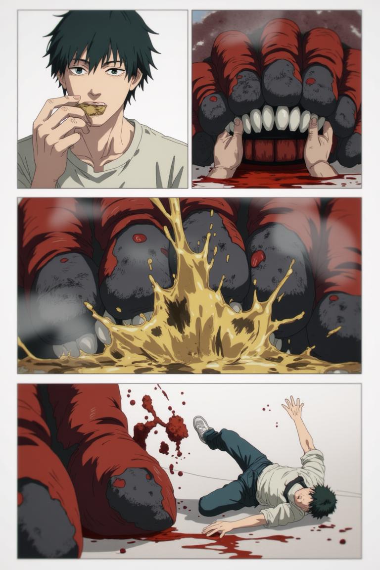 第3章:Two Devils, One Eye
Surrounded by a writhing horde and a towering corpse-mountain, Shisan's two contracted devils manifest: a green, regenerative aura and a colossal crimson claw. He pays the price—losing his right eye—to summon the claw and lashes out, mowing down hordes, but the Zombie Demon bites the claw and retaliates, leaving Shisan wounded and the true fight beginning. Blood, tooth, and smoke set the stage for a desperate duel: Shisan's fury versus the zombified boss that led him into the trap. - 图片9