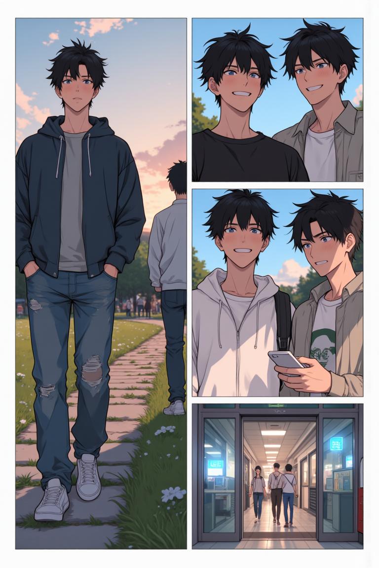 第4章:Dormroom Banter and the Unreachable Senior
After lunch, Shen Qiao politely turns down a flustered girl's flirtation, prompting playful envy from his new roommates. Over photos and teasing, the guys learn about two campus beauties — top-ranked Qin Yuwen and the legendary, aloof senior Su Baizhou — which stirs something thoughtful in Luo Ye. That evening in class, the freshman group receives military-training instructions and is unexpectedly pushed into volunteering for a temporary class monitor, leaving Luo Ye stunned. - 图片12